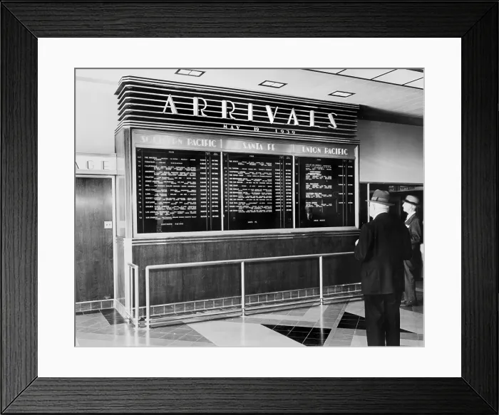 Framed Print : Los Angeles, arrival board at Union Station, photograph by Dick Whittington, Los Angeles, California, May 19, 1939 Framed Print : Los Angeles, arrival board at Union Station, photograph by Dick Whittington, Los Angeles, California, May 19, 1939
