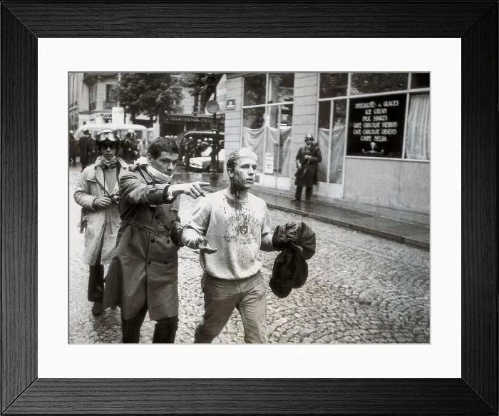 Framed Print : Paris. May 68. Wounded young going towards an ambulance after the incidents in the Latin Quarter, caused by the student eviction in the Sorbonne