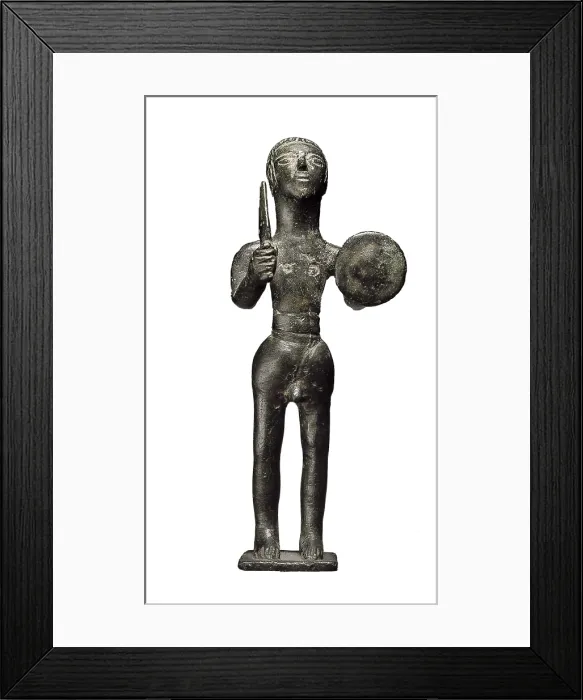 Framed Print : Iberian Ex-Voto. Warrior with a Shield. Iberian art. Sculpture on bronze. SPAIN. Madrid. National Museum of Archaeology. Proc: SPAIN. Santa Elena