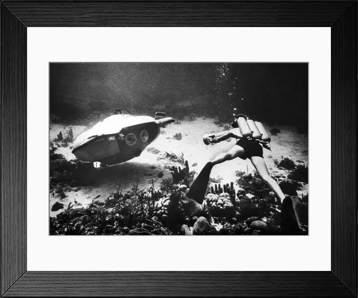 Framed Print : DIVING SAUCER, and underseas exploration vehicle designed and built by Capt. Jacques-Yves Cousteau, which is capable of operating at depth of 1, 000 feet. 6 / 26 / 62