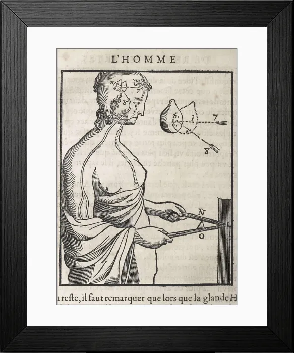Framed Print : DESCARTES, Ren (1596-1650). 'Treatise on Man' (Trait de l'Homme), work of 1633. Xylography. FRANCE. Paris. National Library. AISA / Everett Collection**US SALES ONLY** Framed Print : DESCARTES, Ren (1596-1650). 'Treatise on Man' (Trait de l'Homme), work of 1633. Xylography. FRANCE. Paris. National Library. AISA / Everett Collection**US SALES ONLY**