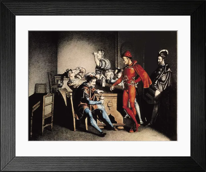 Framed Print : GOETHE, Johann Wolfgang von (1749-1832). 'Faust'. Illustration with the characters of Faust and Mephistopheles at the inn. Engraving. GERMANY. Frankfurt