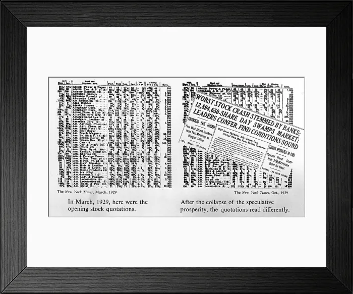Framed Print : The opening stock quotations on the left--how the quotations read after the collapse, on right. March 1929. Courtesy: CSU Archives  /  Everett Collection