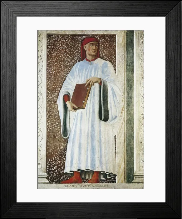 Framed Print : CASTAGNO, Andrea del (1423-1457). Giovanni Boccaccio. ca. 1450. Portrait holding a book, from a cycle of famous personages. Fresco transferred to canvas. Fresco. ITALY. Florence