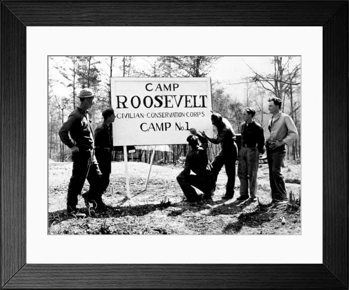 Framed Print : CCC (Civilian Conservation Corps) members erect sign for their Camp Roosevelt, Virginia 1938. Courtesy: CSU Archives / Everett Collection Framed Print : CCC (Civilian Conservation Corps) members erect sign for their Camp Roosevelt, Virginia 1938. Courtesy: CSU Archives / Everett Collection