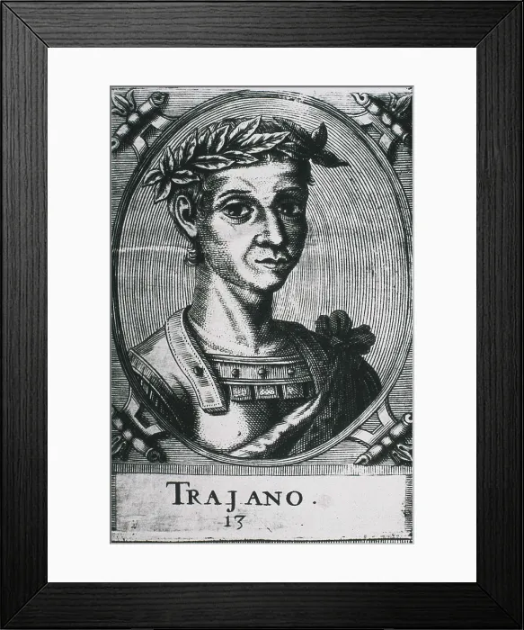 Framed Print : TRAJAN, Marcus Ulpius Traianus (53-117). Portrait of Trajan with laurels. Dtail of the original engraving. Engraving. AISA / Everett Collection**US SALES ONLY**