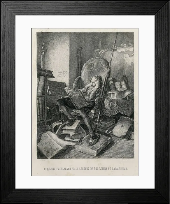 Framed Print : SCHROEDTER, Adolf (1805-1875); CERVANTES SAAVEDRA, Miguel de (1547-1616). 'D. Quixote immersed in the reading of chivalresque novels'. Etching. UNITED STATES OF AMERICA