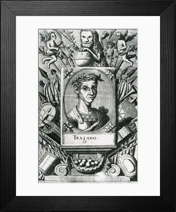Framed Print : TRAJAN, Marcus Ulpius Traianus (53-117). Portrait of Trajan with laurels. Engraving. AISA / Everett Collection**US SALES ONLY** Framed Print : TRAJAN, Marcus Ulpius Traianus (53-117). Portrait of Trajan with laurels. Engraving. AISA / Everett Collection**US SALES ONLY**