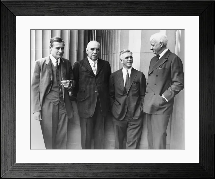 Framed Print : J.P. Morgan Jr. with a few of his partners at the Senate Banking and Currency Committee hearings. May 31, 1933. L-R: Julius Morgan, son; J.P