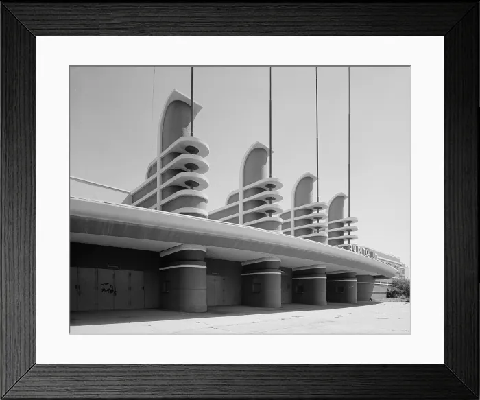 Framed Print : Los Angeles, Pan Pacific Auditorium, the structure achieves not just the styling of the great streamlined World's Fairs of the 1930's