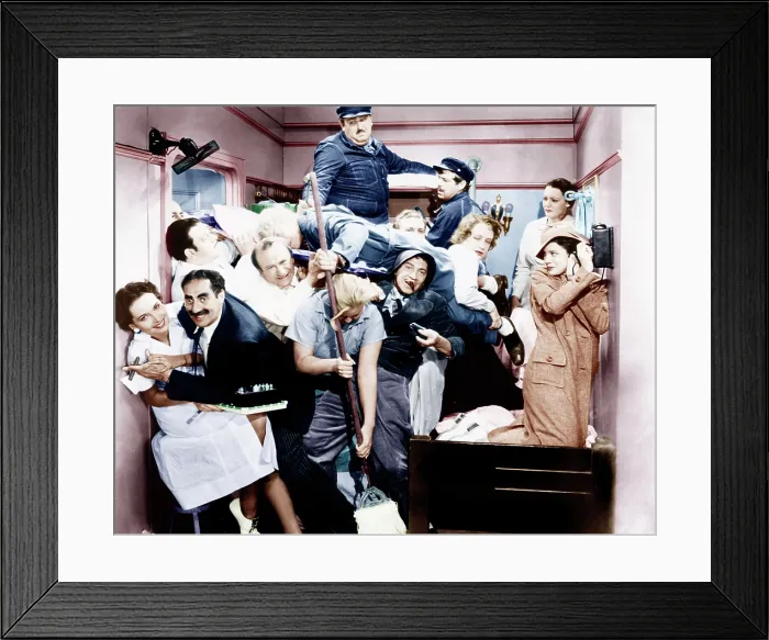 Framed Print : A NIGHT AT THE OPERA, left from top: Jack Lipson, Frank Yaconelli; middle row second, third and fourth from left: Harpo Marx (sleeping), Allan Jones