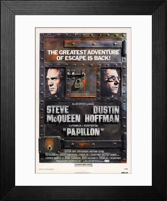 Framed Print : PAPILLON, US poster art, from left Steve McQueen, Dustin Hoffman, 1973