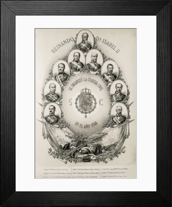 Framed Print : Spain (1844). Portrait of the founders of the Civil Guard, military police organized by Francisco Javier Girn y Ezpeleta, Duke of Ahumada (upper portrait). Litography Framed Print : Spain (1844). Portrait of the founders of the Civil Guard, military police organized by Francisco Javier Girn y Ezpeleta, Duke of Ahumada (upper portrait). Litography