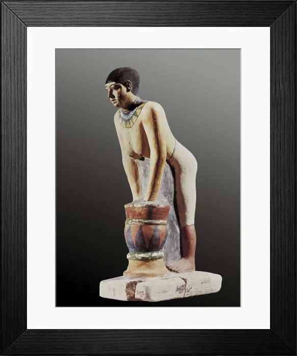 Framed Print : Maiden Filtering Beer. 25th c. BC. 5th dynasty. Painted limestone. Egyptian art. Old Kingdom. Sculpture on rock. ITALY. Florence. National Museum of Archaeology