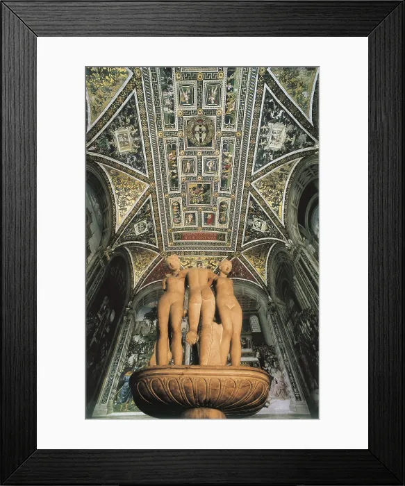 Framed Print : PINTURICCHIO, Bernardino di Betto, called Il (1454-1513). Piccolomini Library. 1502-1508. ITALY. TUSCANY. Siena. Cathedral. In the foreground, sculpture of the Three Graces