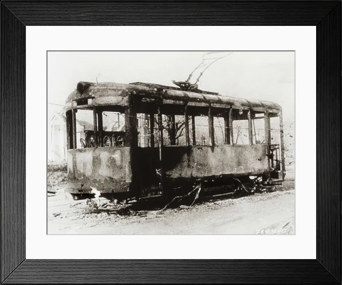 Framed Print : World War II. Ruined tram by an atomic bombing in Hiroshima (6th August 1945). AISA / Everett Collection**US SALES ONLY** Framed Print : World War II. Ruined tram by an atomic bombing in Hiroshima (6th August 1945). AISA / Everett Collection**US SALES ONLY**