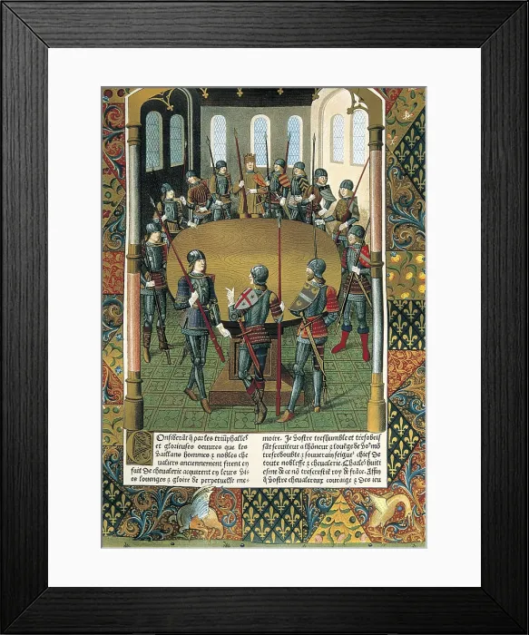 Framed Print : King Arthur and the Knight of the Round Table. Miniature painting by Maitre Jacques de Besanon of the book 'Lancelot du Lac', by Antoine Verard (1494), fol.3 o A2