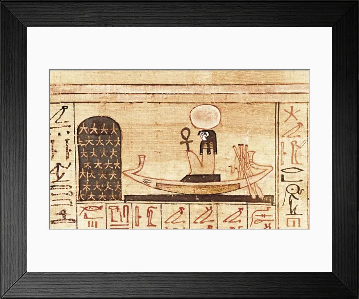 Framed Print : Book of the Dead or Papyrus of Any. ca. 1275 BC. 19th Dynasty. God Ra sailing acrooss the sky in his boat. Egyptian art. New Kingdom. Painting. UNITED KINGDOM. London