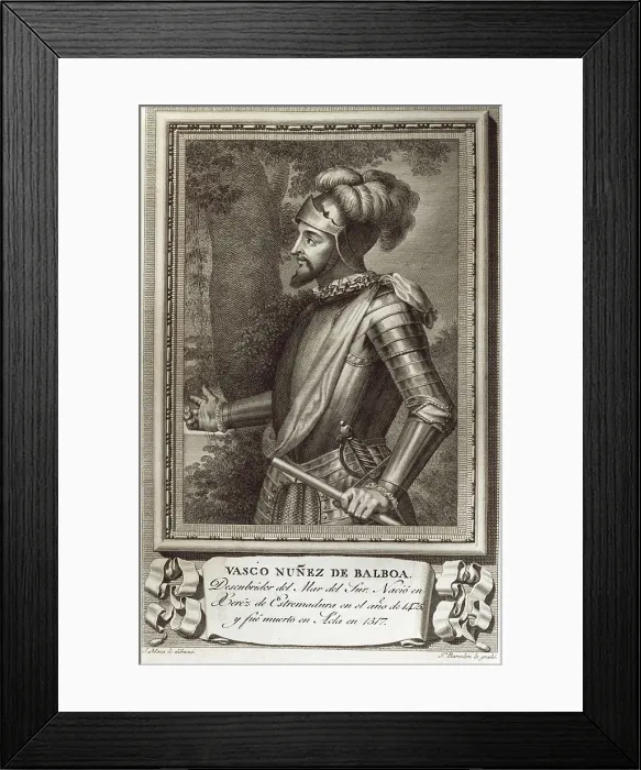 Framed Print : NUEZ DE BALBOA, Vasco (1475-1517). Picture from the book 'Retratos de Varones Ilustres' (Portrait of Distinguished Men). Engraving