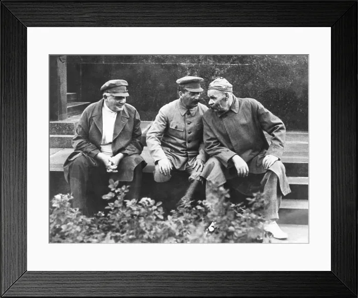 Framed Print : Comrades A. S. Yenukidze, Josef Stalin, and Maxim Gorky on 10th Anniversary of the Red Sportintern. At Lenin's Tomb, Moscow, August 3, 1931. Later, Comrade A. S