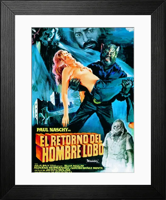 Framed Print : NIGHT OF THE WEREWOLF, (aka RETURN OF THE WOLFMAN, aka EL RETORNO DEL HOMBRE-LOBO, aka THE CRAVING), Paul Naschy (top right, and as werewolf), 1981 Framed Print : NIGHT OF THE WEREWOLF, (aka RETURN OF THE WOLFMAN, aka EL RETORNO DEL HOMBRE-LOBO, aka THE CRAVING), Paul Naschy (top right, and as werewolf), 1981