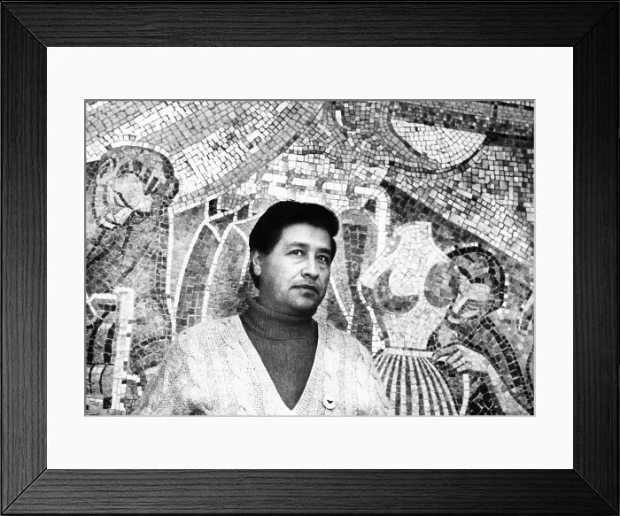 Framed Print : Cesar Chavez stands in front of The Delano Bell mosaic, a gift from the Transport and General Workers Union of Great Britain to the United Farm Workers Union, 1970 Framed Print : Cesar Chavez stands in front of The Delano Bell mosaic, a gift from the Transport and General Workers Union of Great Britain to the United Farm Workers Union, 1970