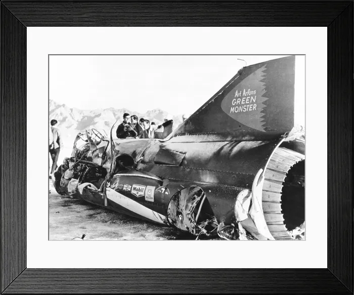 Framed Print : Wreckage of Art Arfons jet racer, the Green Monster, on western Utah's salt flats, Nov. 19, 1966. Art Arfons survived the crash. (CSU_2015_7_423) Framed Print : Wreckage of Art Arfons jet racer, the Green Monster, on western Utah's salt flats, Nov. 19, 1966. Art Arfons survived the crash. (CSU_2015_7_423)