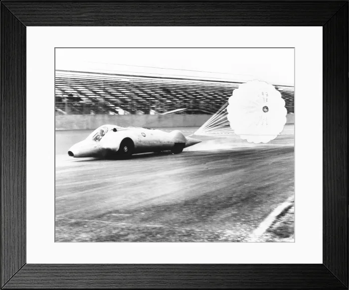 Framed Print : Art Arfons on the Thompson Raceway dragstrip opens twin parachutes to decelerate speed. 1962. (CSU_2015_7_425) Framed Print : Art Arfons on the Thompson Raceway dragstrip opens twin parachutes to decelerate speed. 1962. (CSU_2015_7_425)