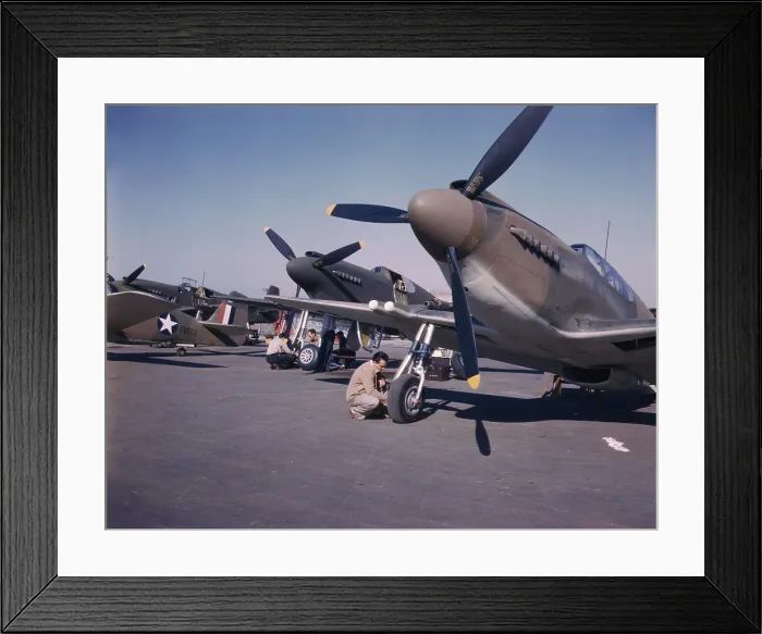 Framed Print : World War II, P-51 mustang fighter planes being prepared for test flight at the field of the North American Aviation Inc. Plant, photograph by Alfred T