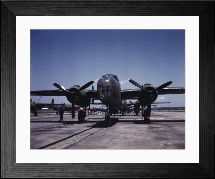 Framed Print : World War II, B-25 bomber planes on the outdoor assembly line at North America Aviation Inc. ready for test flight, photograph by Alfred T