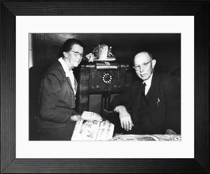 Framed Print : Parents of the wounded union leader Walter Reuther, listened for news of their son on the radio. April 22, 1948. Mrs