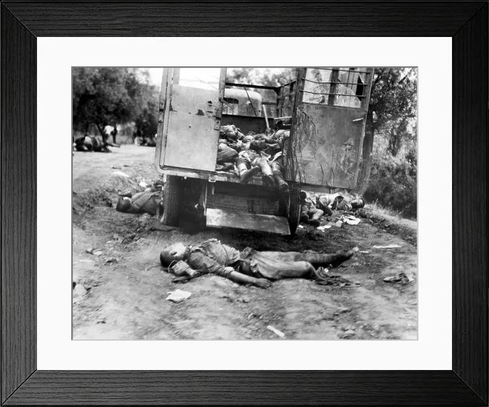 Framed Print : A truckload of dead Chinese soldiers on the Nanyuan Road, killed by a hidden machine gun as they attempted to escort a general and three officers to safety