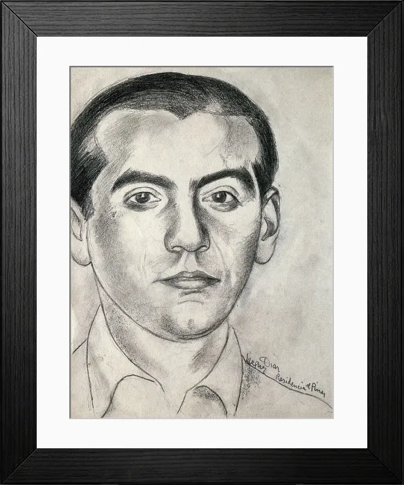 Framed Print : VAZQUEZ DIAZ, Daniel (1882-1969). Portrait of Federico Garca Lorca. 1920s. Portrait executed at the Residencia de Estudiantes (Student residence) in Madrid. Drawing. SPAIN