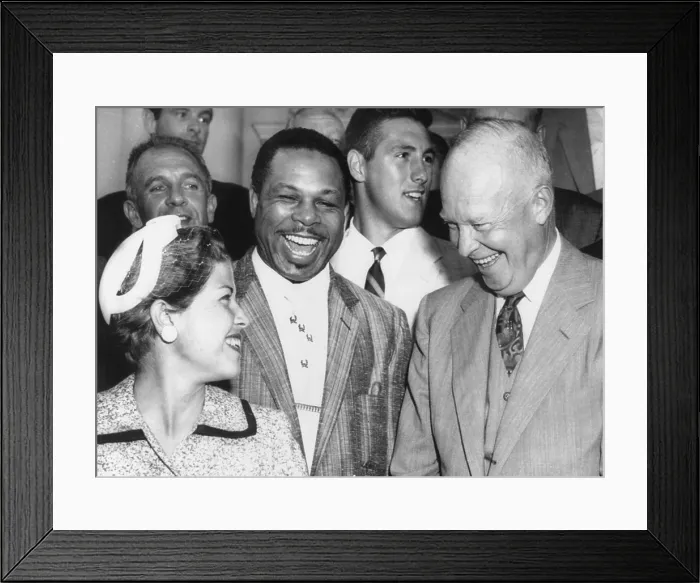 Framed Print : President Eisenhower laughs with champion golfer Barbara Romack and boxer Archie Moore. July 12, 1955. The White House hosted a luncheon for notables athletes. (CSU_2015_11_1523)