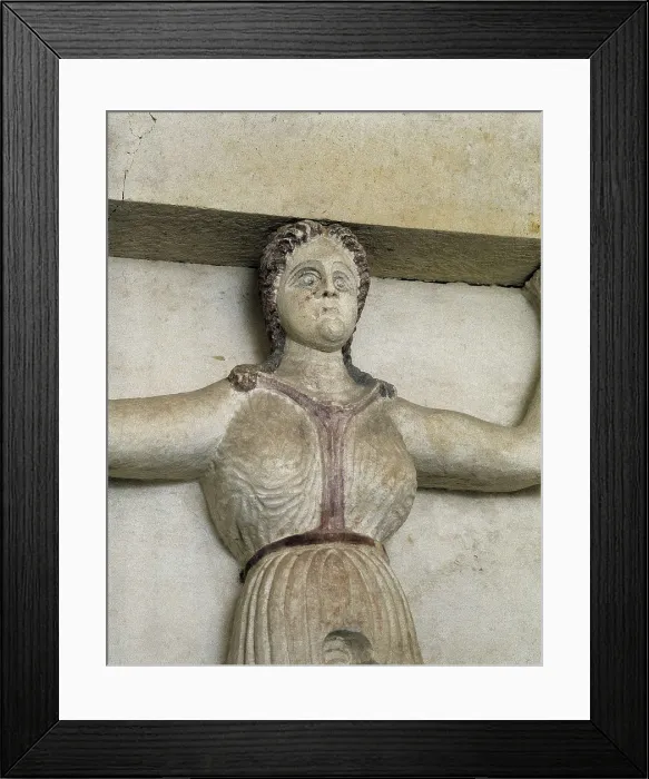 Framed Print : BULGARIA. RUSE. Sveshtari. Thracian Tomb of Sveshtari. Thracian Tomb of Sveshtari (3rd c. BC). Multicoloured sculpture with figure of Atlas woman. Thracian art. Sculpture on rock