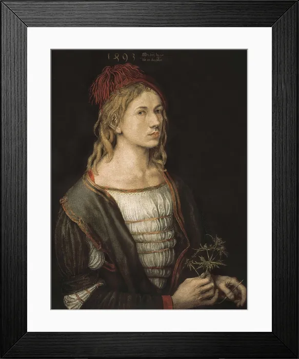 Framed Print : DURER, Albrecht (1471-1528). Self-portrait or Portrait of the Artist Holding a Thistle. 1493. Oil on parchment glued on to canvas. Oil. FRANCE. Paris. Louvre Museum
