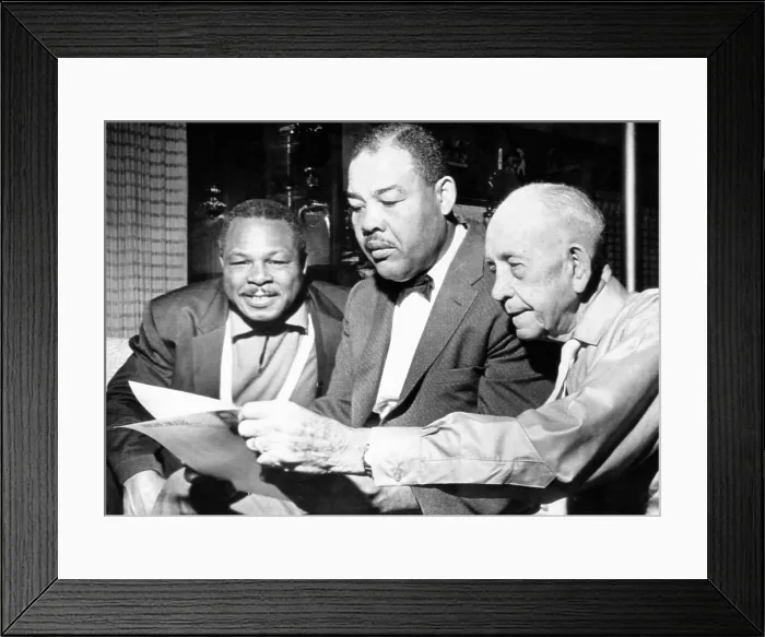 Framed Print : Conferring on the possibility of an Archie Moore vs. Gene Fuller. L-R: Moore, matchmaker Joe Lewis, and Moore's manager Jack Doc Kearns. (CSU_2015_11_1527)