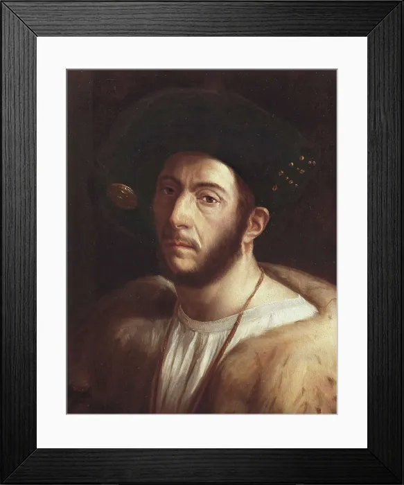 Framed Print : DOSSO DOSSI, Giovanni di Luteri, called (h.1479-1542). Portrait of a man, possibly Cesare Borgia. beg. 16th c. Detail. Renaissance art. Cinquecento. Oil on canvas. FRANCE. Paris