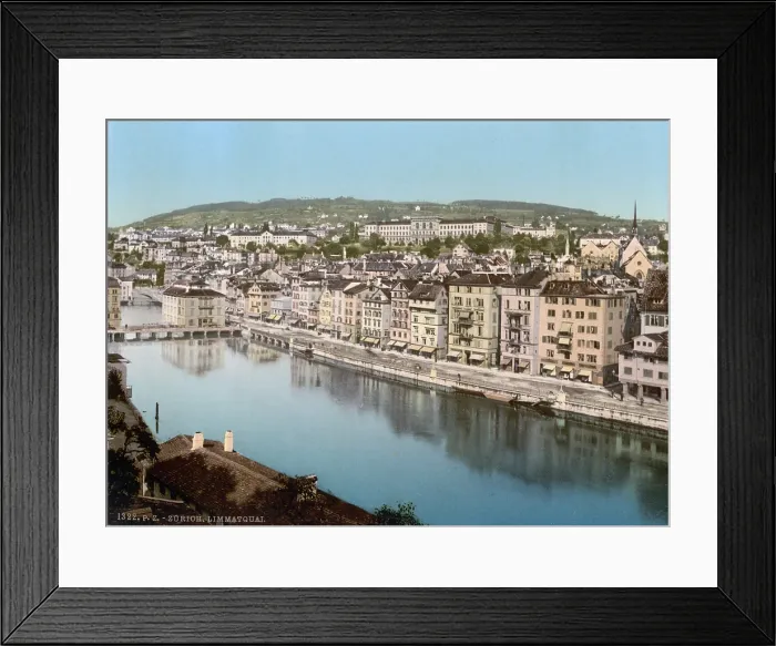 Framed Print : Switzerland, The Limmatquay, (aka limmatquai), with Polytechnic, (aka Swiss Federal Institute of Technology), Zurich, photochrom, circa early 1900s