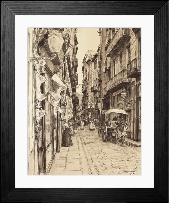 Framed Print : BAIXERAS i VERDAGUER, Dions (1862-1943). Boira Street towards Llana Square. end 19th-beg. 20th c. Drawing. SPAIN. Barcelona. Barcelona City History Museum