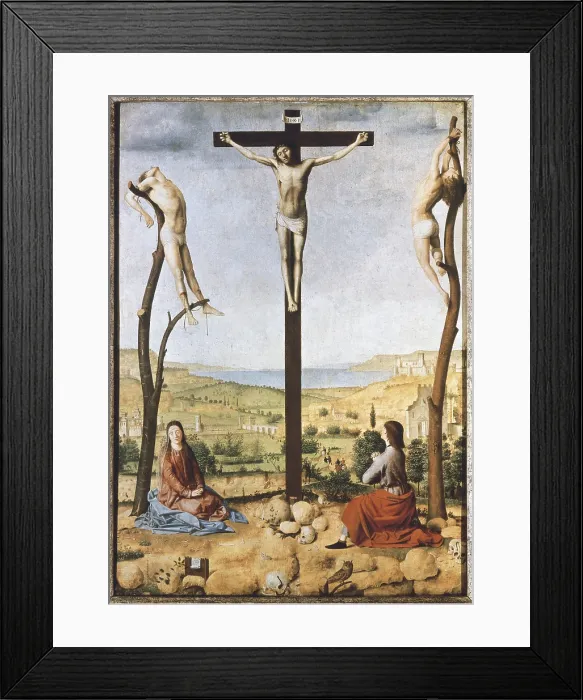 Framed Print : Antonello da Messina. Crucifixion. 1475. At his feet, the Virgin and Saint John the Evangelist. Renaissance art. Quattrocento. Oil on wood. BELGIUM. Antwerp