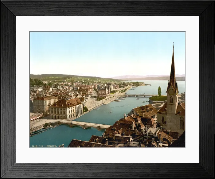 Framed Print : Switzerland, The view from St. Peter's Church, with Fraumunster Church on the right and Alpenkette in the distance, Zurich, photochrom, circa early 1900s Framed Print : Switzerland, The view from St. Peter's Church, with Fraumunster Church on the right and Alpenkette in the distance, Zurich, photochrom, circa early 1900s