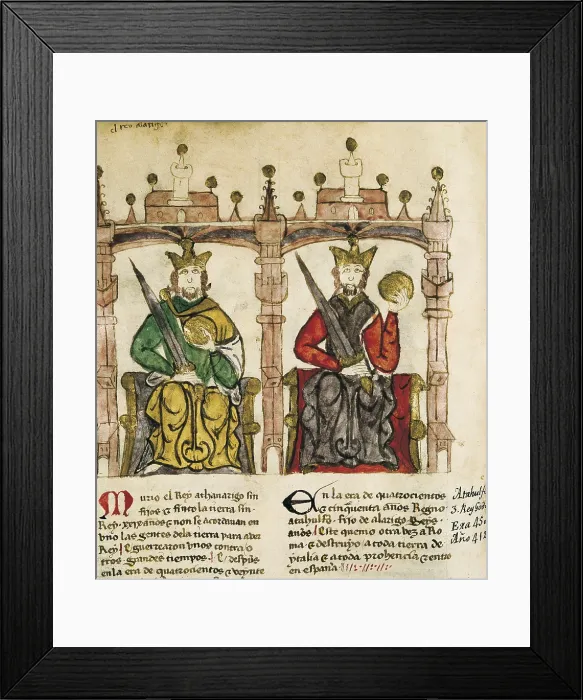 Framed Print : Portrait of the Visigothic kings Alaric I (left) and Ataulf. Illustration of 'Semblanza de Reyes'. Miniature Painting. SPAIN. Madrid. National Library