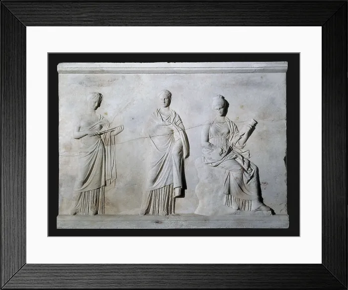 Framed Print : Three Muses Relief. 330 -320 BC. Pedestal from the ancient city of Mantinea. Hellenistic art. Relief on marble. GREECE. Athens. National Museum of Archaeology Framed Print : Three Muses Relief. 330 -320 BC. Pedestal from the ancient city of Mantinea. Hellenistic art. Relief on marble. GREECE. Athens. National Museum of Archaeology