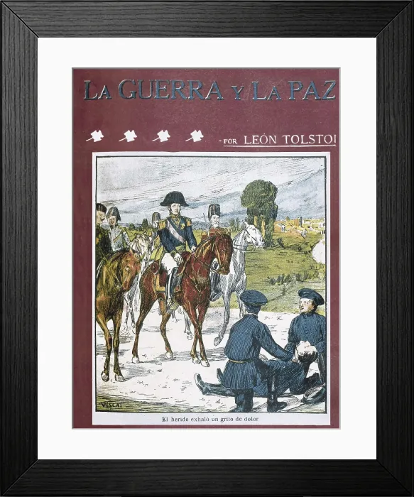 Framed Print : TOLSTOY, Lev Nikolayevich, Leo (1828-1910). Title page of an edition of 'War and Peace' by Leo Tolstoy in Spanish. Painting. SPAIN. Barcelona