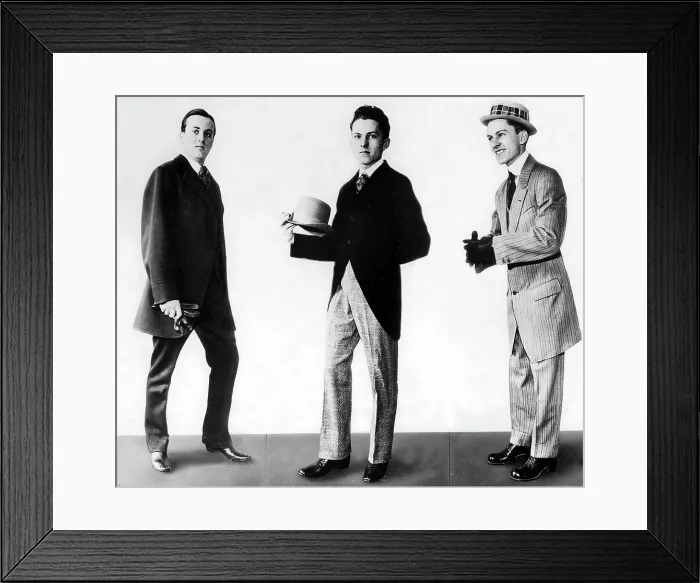 Framed Print : FASHION-Three gentlemen modeling fashions, from left to right, of 1917, 1927 & 1937.. Courtesy: CSU Archives / Everett Collection Framed Print : FASHION-Three gentlemen modeling fashions, from left to right, of 1917, 1927 & 1937.. Courtesy: CSU Archives / Everett Collection