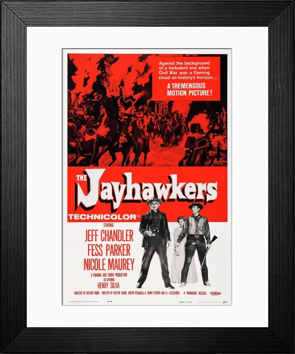 Framed Print : THE JAYHAWKERS, US poster art, from left: Jeff Chandler, Nicole Maurey, Fess Parker, 1959 Framed Print : THE JAYHAWKERS, US poster art, from left: Jeff Chandler, Nicole Maurey, Fess Parker, 1959
