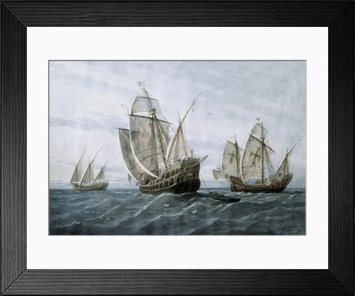 Framed Print : Discovery of America (1492). The caravels that Christopher Columbus set out on his expedition: Pinta, Nia and Santa Mara. Litography. SPAIN. Madrid. America's Museum Framed Print : Discovery of America (1492). The caravels that Christopher Columbus set out on his expedition: Pinta, Nia and Santa Mara. Litography. SPAIN. Madrid. America's Museum