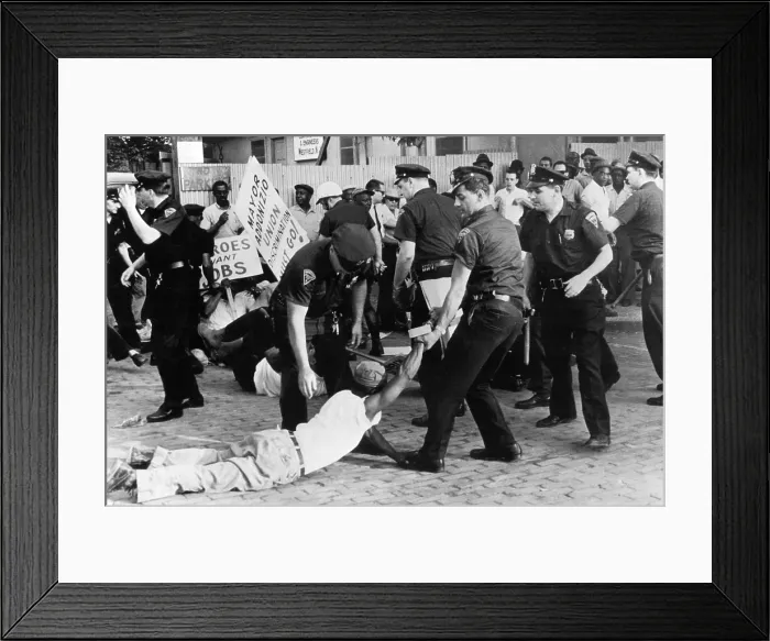 Framed Print : Police attempt to break up demonstration against racial discrimination in jobs at construction site of new Barrington High School, 7 / 3 / 63, Newark, NJ