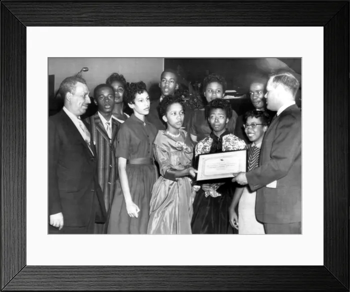 Framed Print : Chat Patterson presents Americanism award to nine African American students who integrated Central High School in the fall of 1957. From left, William R Framed Print : Chat Patterson presents Americanism award to nine African American students who integrated Central High School in the fall of 1957. From left, William R